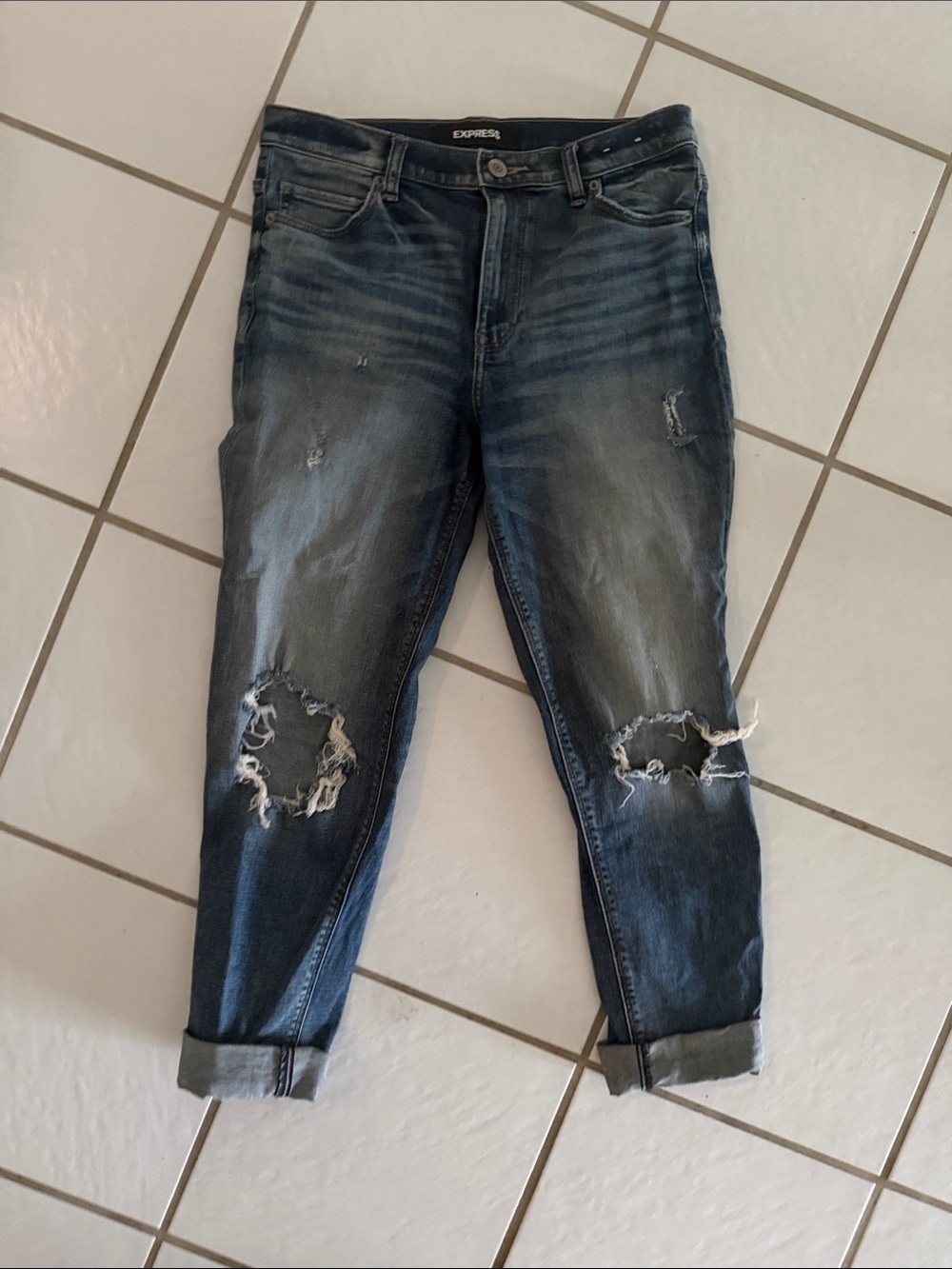 Express Women’s Distressed Dark Blue Boyfriend Jeans